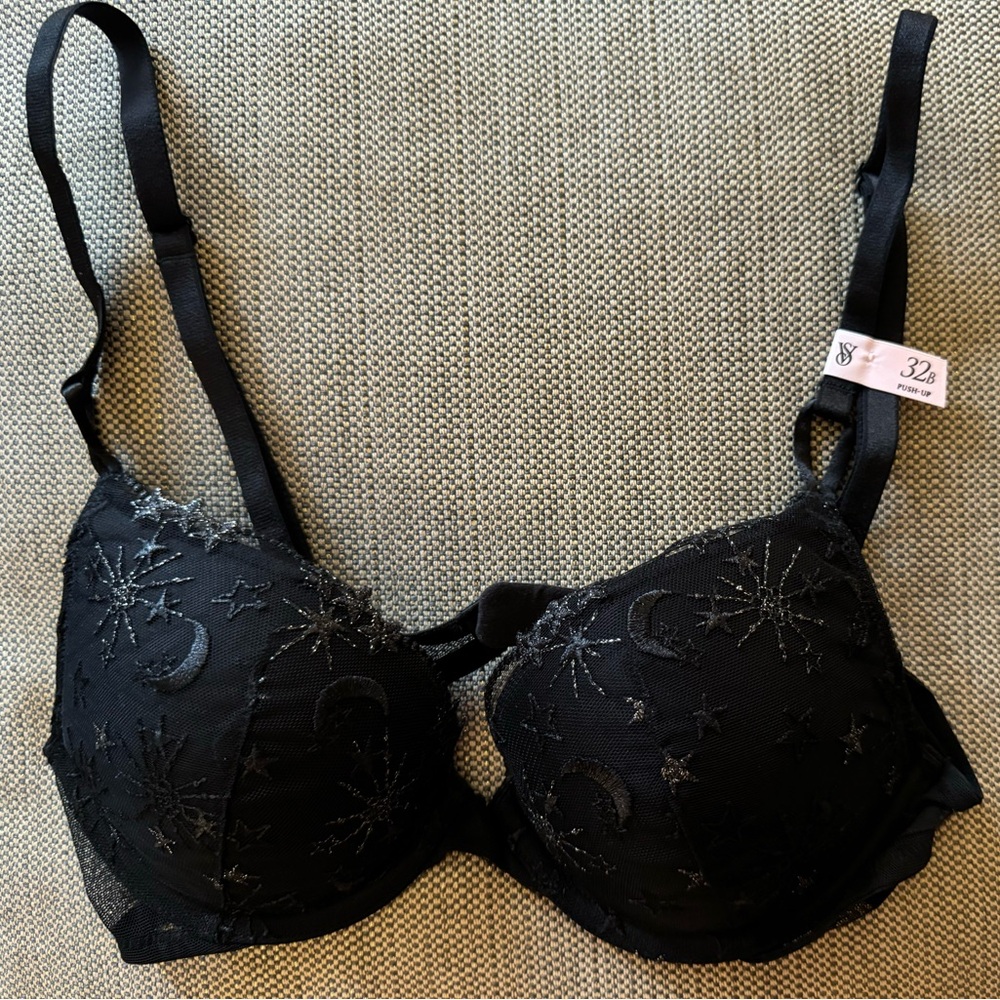 Victoria’s Secret Pink - Bra 32B Black & silver embroidered Moon & Stars details